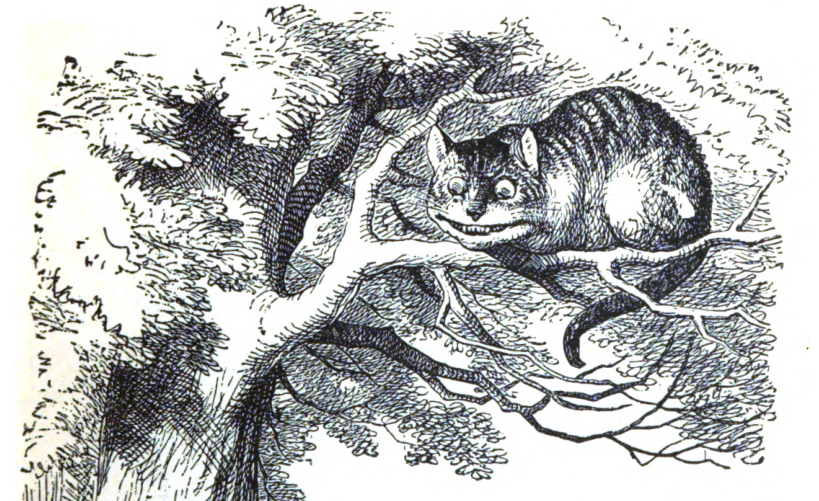 The Cheshire Cat grinning from a branch.