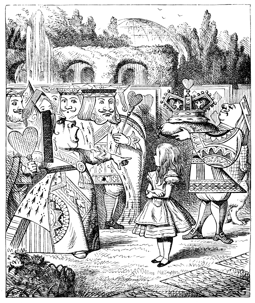 Alice faces the Queen of Hearts and the royal party.