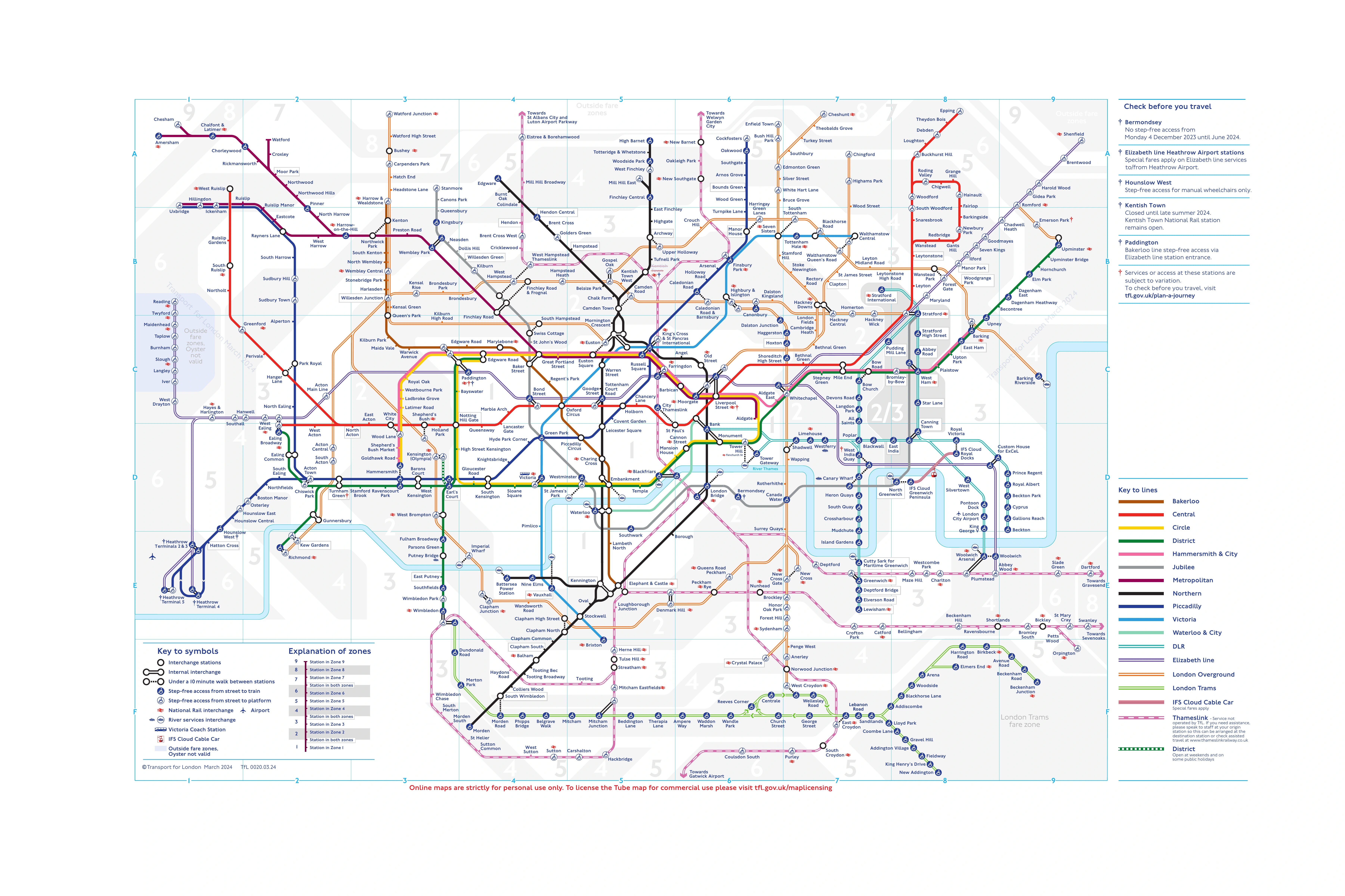 Transport for London Tube map, March 2024. Use the zoom controls to read station names and trace the coloured lines.